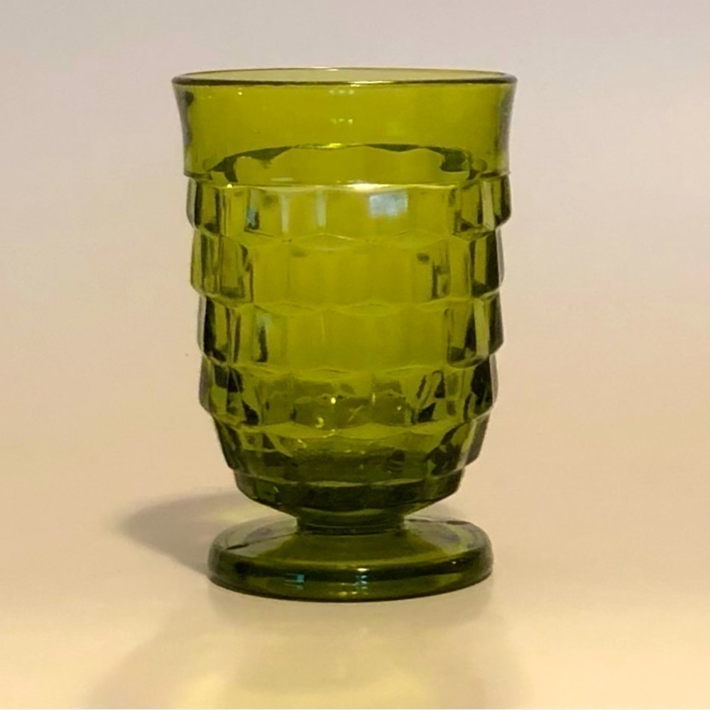 Vintage Mid-Century Green Whitehall Cube Pattern Footed 5 Ounce Glass